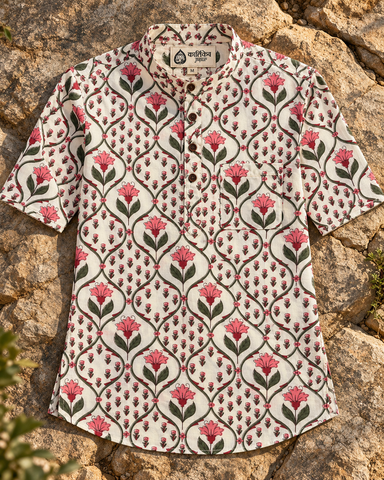 Floral Print Half Sleeve Cotton Short Kurta for Men
