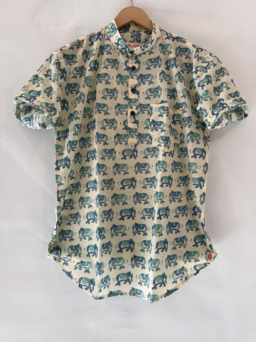 Elephant Print Half Sleeve Cotton Short Kurta for Men