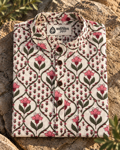 Floral Print Half Sleeve Cotton Short Kurta for Men