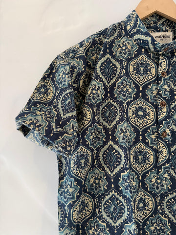 Indigo Print Half Sleeve Cotton Short Kurta for Men