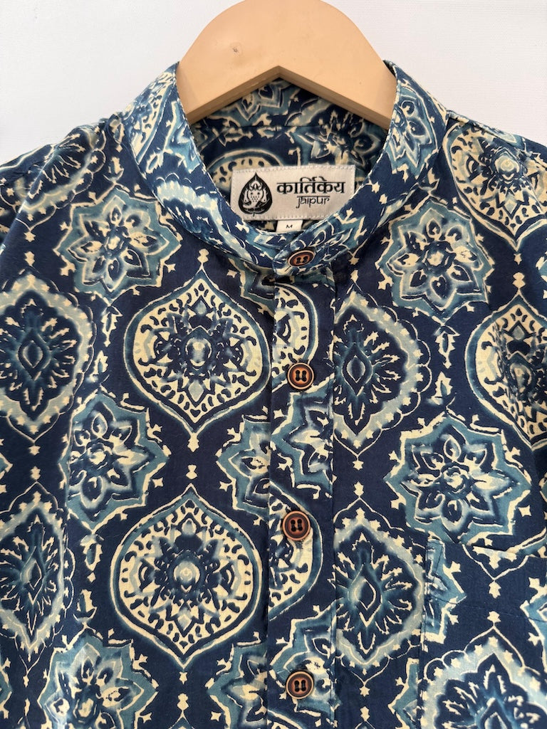 Indigo Print Half Sleeve Cotton Short Kurta for Men