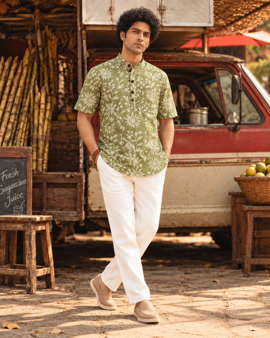 Kalamkari Print Half Sleeve Cotton Short Kurta for Men