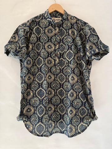 Indigo Print Half Sleeve Cotton Short Kurta for Men