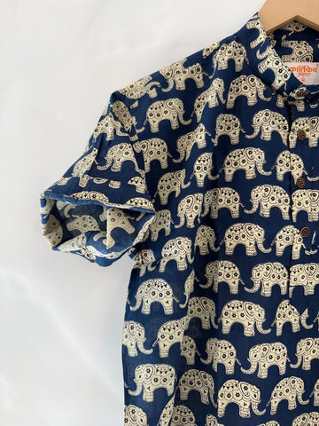 Elephant Print Half Sleeve Cotton Short Kurta for Men