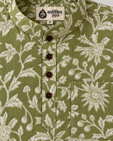 Kalamkari Print Half Sleeve Cotton Short Kurta for Men