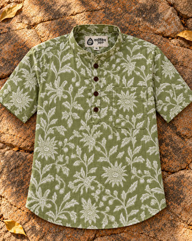 Kalamkari Print Half Sleeve Cotton Short Kurta for Men