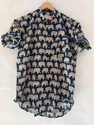 Elephant Print Half Sleeve Cotton Short Kurta for Men