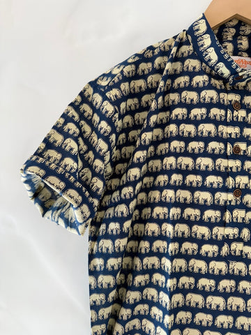 Elephant Print Half Sleeve Cotton Short Kurta for Men