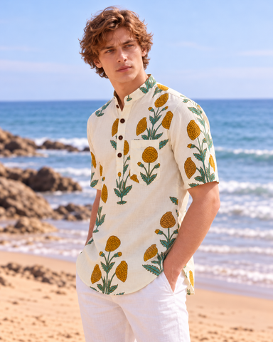 Floral Print Half Sleeve Cotton Short Kurta for Men