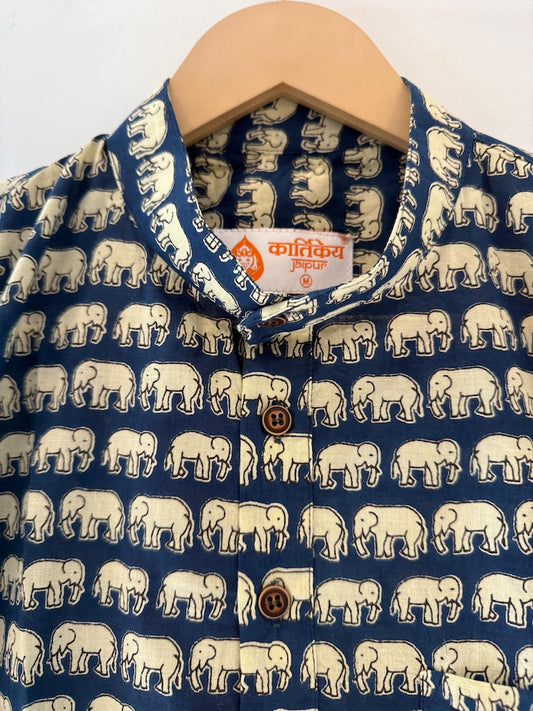 Elephant Print Half Sleeve Cotton Short Kurta for Men