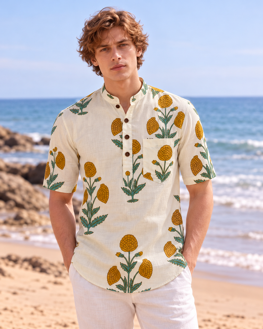 Floral Print Half Sleeve Cotton Short Kurta for Men