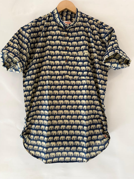 Elephant Print Half Sleeve Cotton Short Kurta for Men