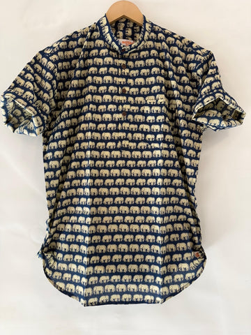 Elephant Print Half Sleeve Cotton Short Kurta for Men