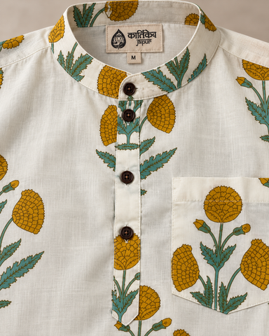 Floral Print Half Sleeve Cotton Short Kurta for Men