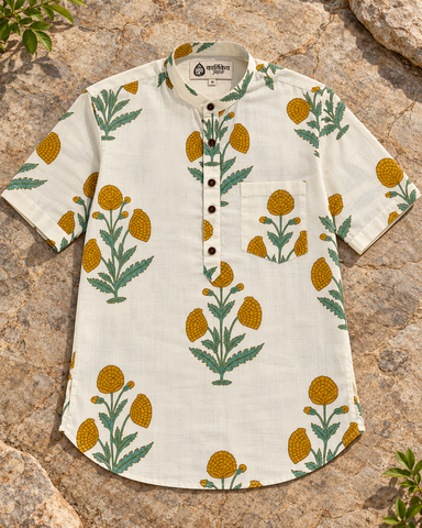 Floral Print Half Sleeve Cotton Short Kurta for Men