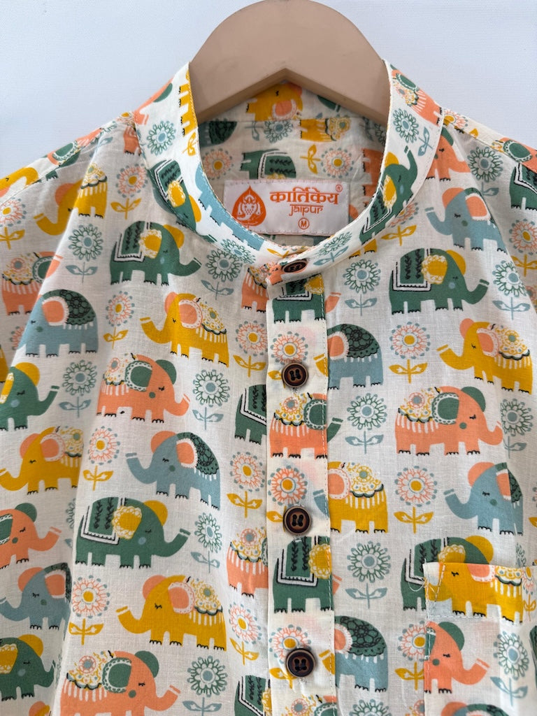 Elephant Print Half Sleeve Cotton Short Kurta for Men