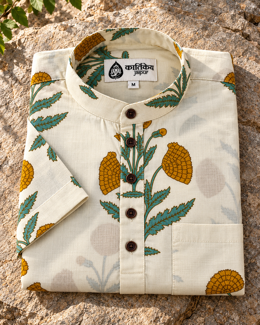 Floral Print Half Sleeve Cotton Short Kurta for Men