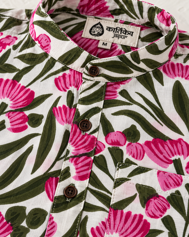 Floral Print Half Sleeve Cotton Short Kurta for Men