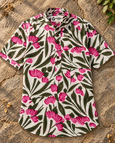 Floral Print Half Sleeve Cotton Short Kurta for Men