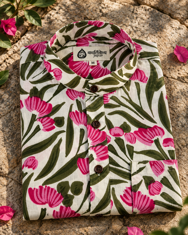 Floral Print Half Sleeve Cotton Short Kurta for Men