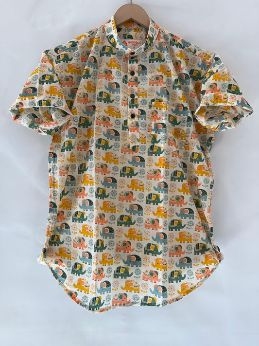 Elephant Print Half Sleeve Cotton Short Kurta for Men