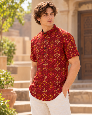 Floral Print Half Sleeve Cotton Short Kurta for Men - Festive Edit