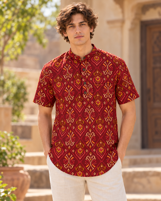 Floral Print Half Sleeve Cotton Short Kurta for Men - Festive Edit