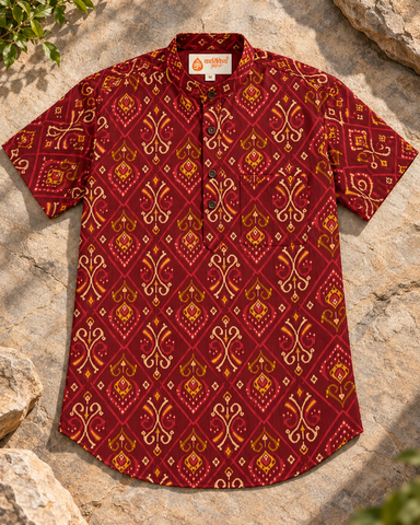 Floral Print Half Sleeve Cotton Short Kurta for Men - Festive Edit