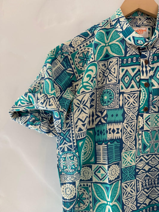 Sanganeri Print Half Sleeve Cotton Short Kurta for Men