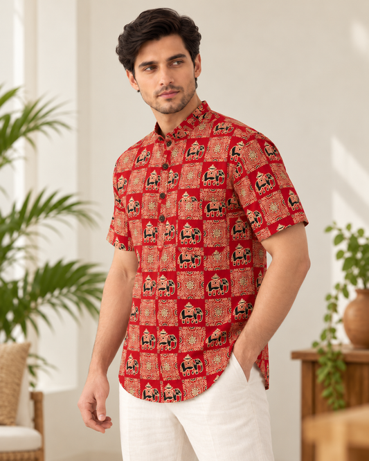 Elephant Print Half Sleeve Cotton Short Kurta for Men - Festive Edit