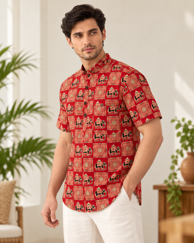 Elephant Print Half Sleeve Cotton Short Kurta for Men - Festive Edit
