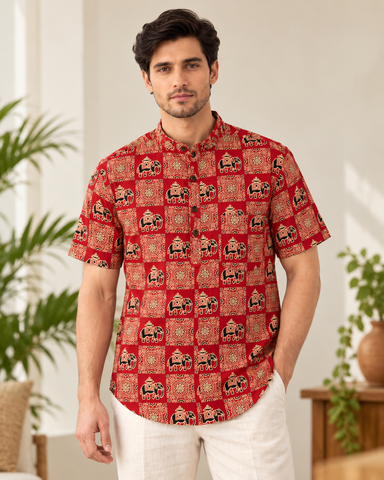 Elephant Print Half Sleeve Cotton Short Kurta for Men - Festive Edit