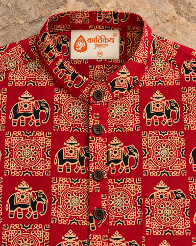 Elephant Print Half Sleeve Cotton Short Kurta for Men - Festive Edit