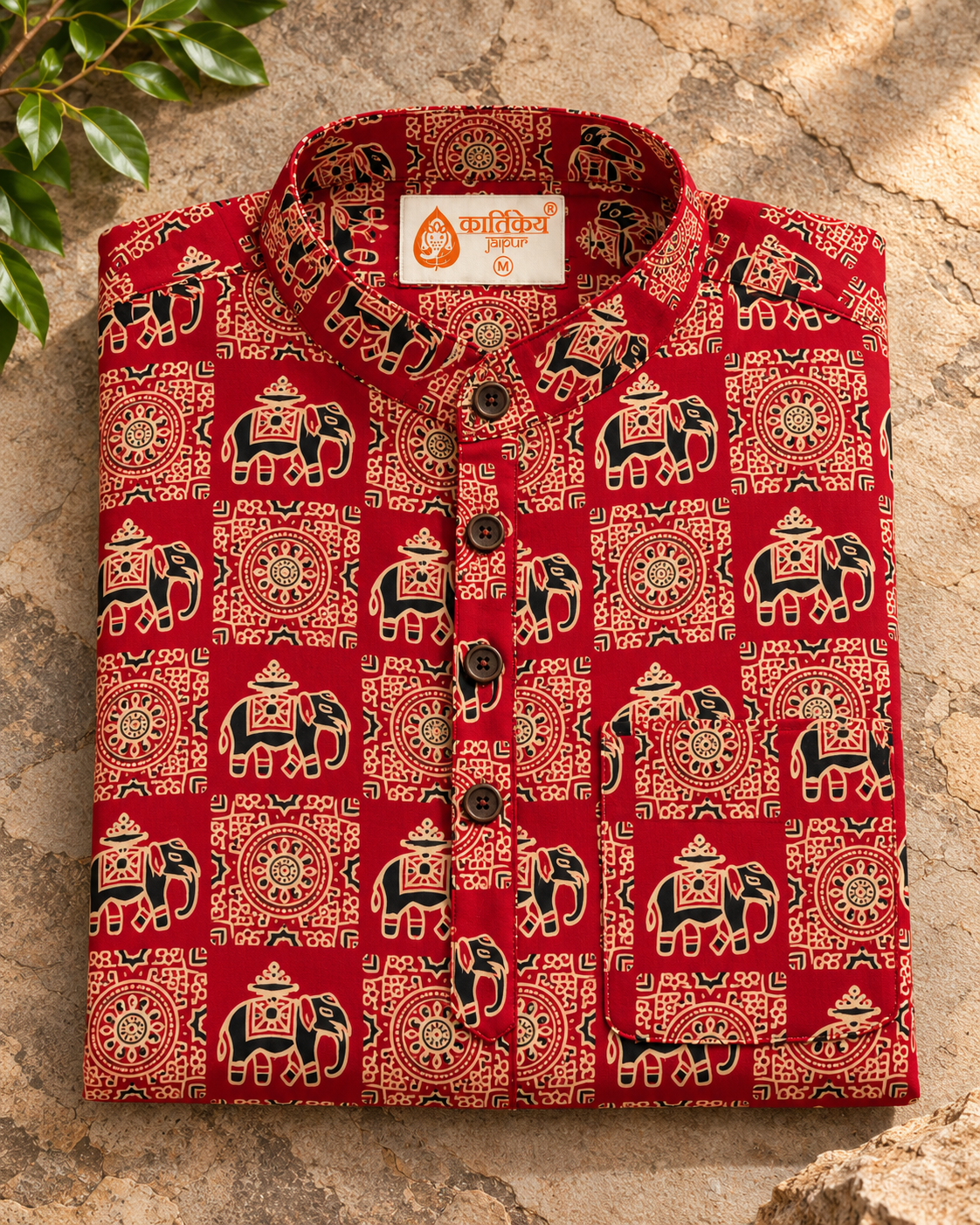 Elephant Print Half Sleeve Cotton Short Kurta for Men - Festive Edit