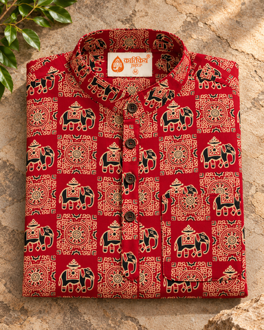 Elephant Print Half Sleeve Cotton Short Kurta for Men - Festive Edit