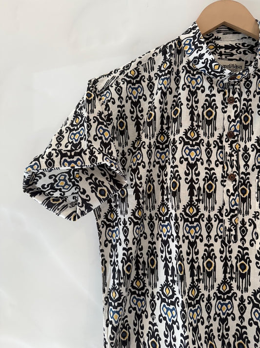 Bagru Print Half Sleeve Cotton Short Kurta for Men