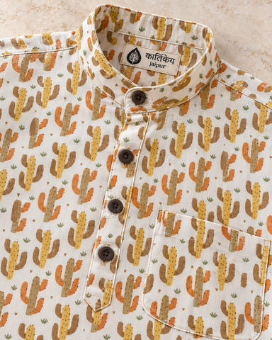 Cactus Print Half Sleeve Cotton Short Kurta for Men