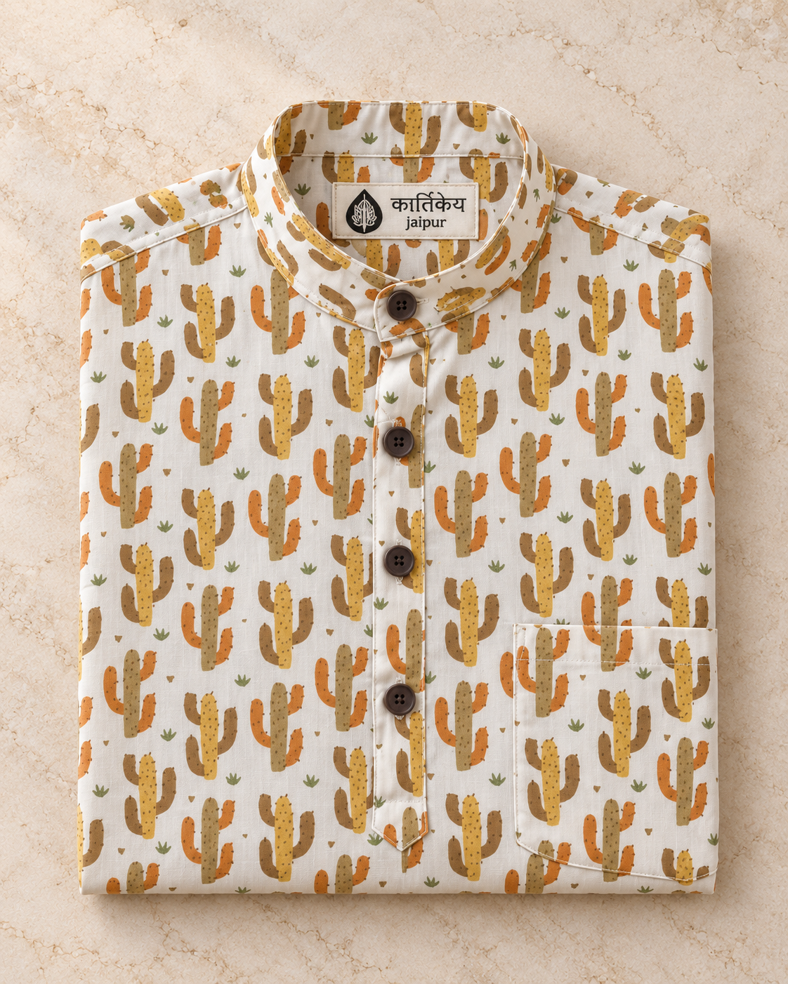 Cactus Print Half Sleeve Cotton Short Kurta for Men