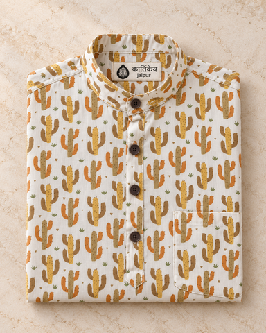 Cactus Print Half Sleeve Cotton Short Kurta for Men