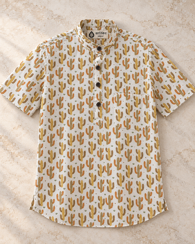 Cactus Print Half Sleeve Cotton Short Kurta for Men