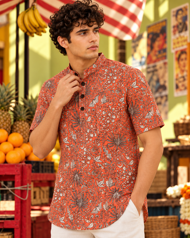 Floral Print Half Sleeve Cotton Short Kurta for Men