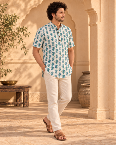 Cactus Print Half Sleeve Cotton Short Kurta for Men