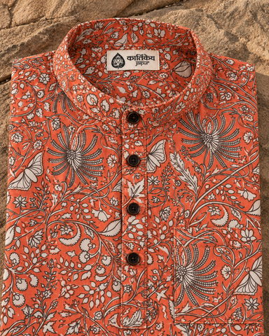 Floral Print Half Sleeve Cotton Short Kurta for Men