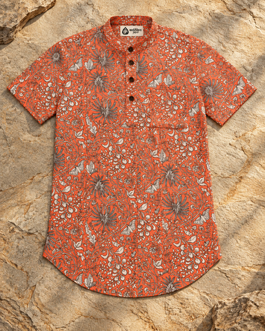 Floral Print Half Sleeve Cotton Short Kurta for Men