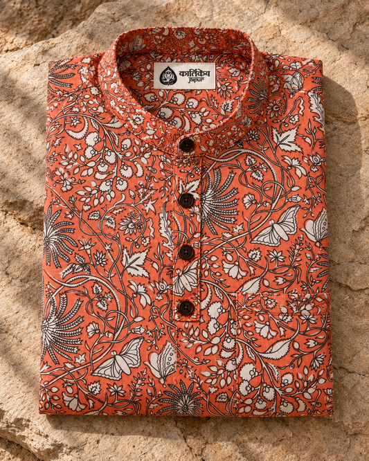 Floral Print Half Sleeve Cotton Short Kurta for Men