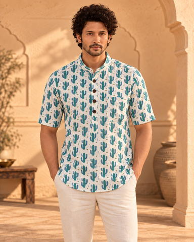 Cactus Print Half Sleeve Cotton Short Kurta for Men