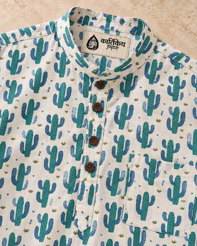 Cactus Print Half Sleeve Cotton Short Kurta for Men