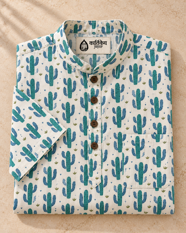 Cactus Print Half Sleeve Cotton Short Kurta for Men