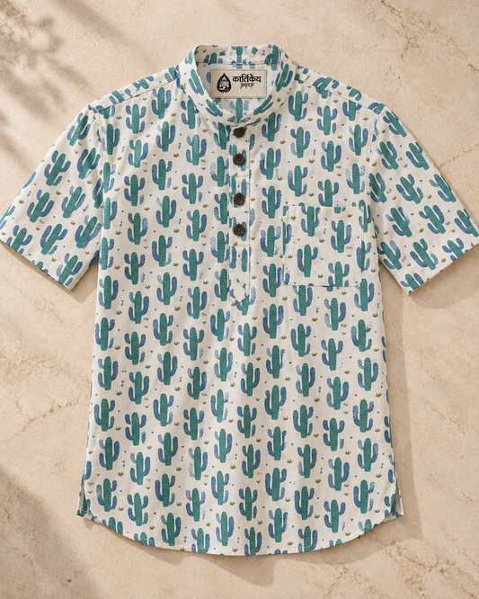 Cactus Print Half Sleeve Cotton Short Kurta for Men