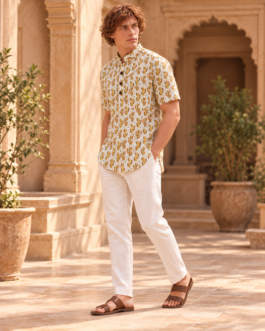 Cactus Print Half Sleeve Cotton Short Kurta for Men